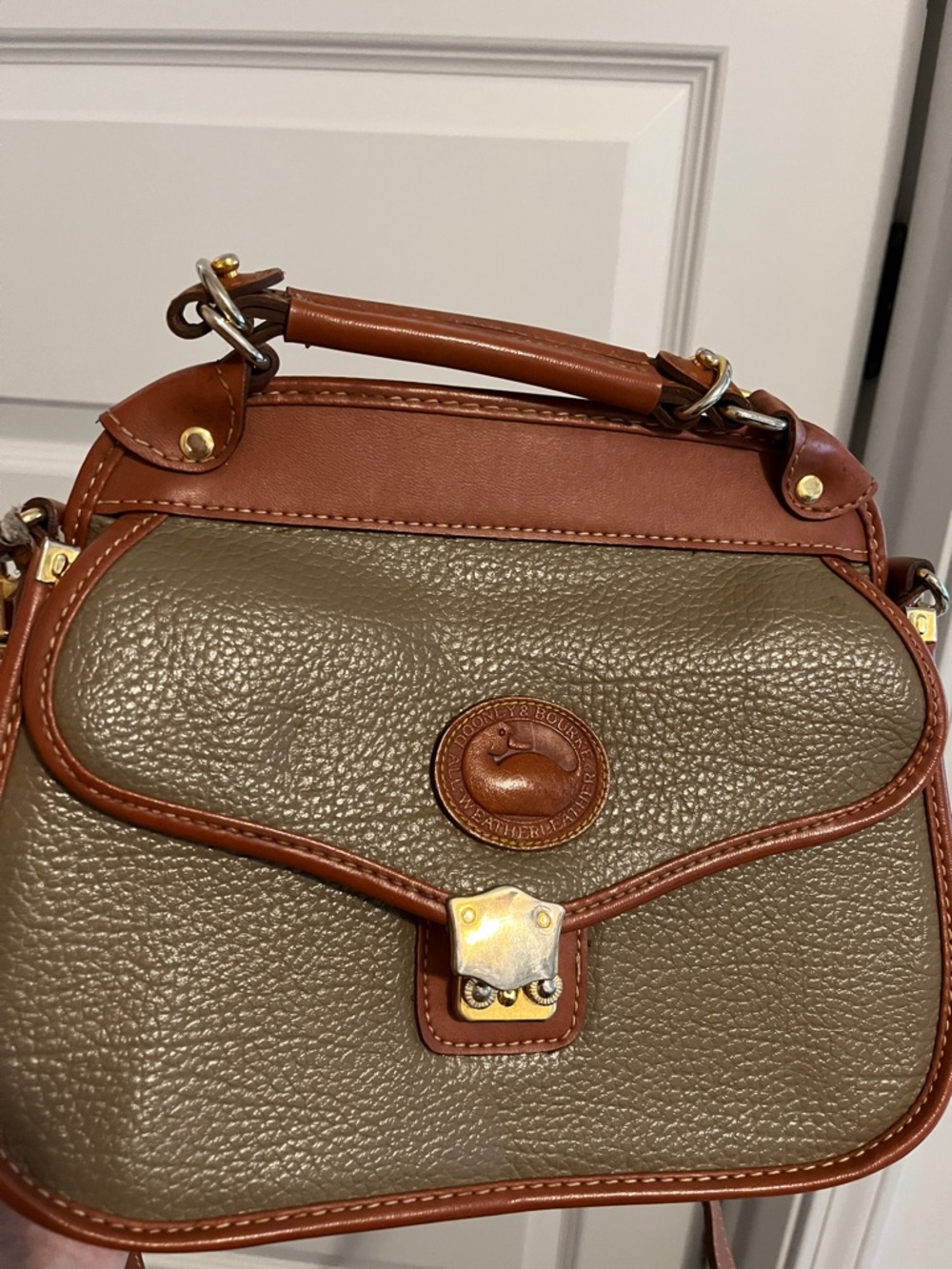 Dooney & Bourke Olive Pebbled Leather Satchel with Brown Trim